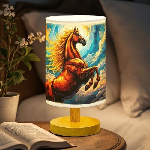 Horse Table Lamp LED 3-Color Pressed Bedside, Horse Shade Lamp with Wood Base for Bedroom Living Room Desk Office TL01