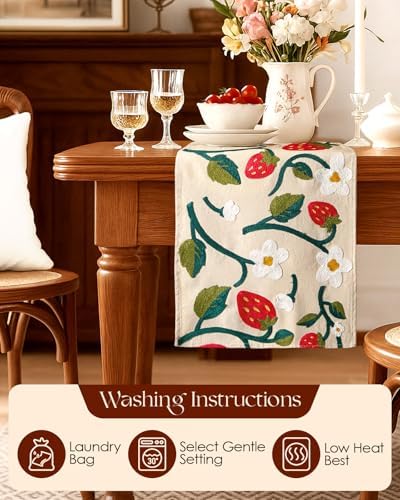Canvas Embroidered Narrow 13"x 60" Table Runner, Pink Strawberry