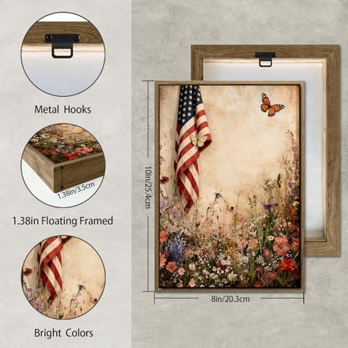 American Flag Framed Canvas Wall Art, 4th of July Patriotic Canvas Prints | Wildflower Field with Butterfly Poster Print, Rustic Farmhouse Independence Day Wall Decor for Bedroom Living Room 8×10in