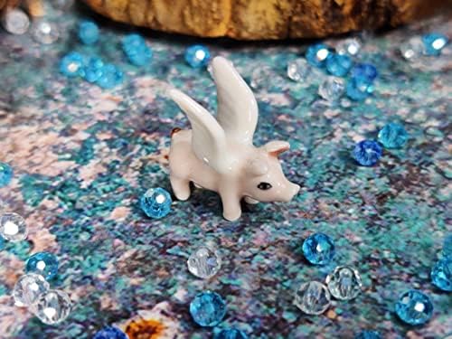 WitnyStore Tiny ¾ Inch Long Pink Pig with Wings Figurine - Miniature Hand Made Painted Ceramic Pigs Swine Hog Piglet Livestock Farm Animals Cute Porcelain Decorative Collectible Figurines Décor Gifts
