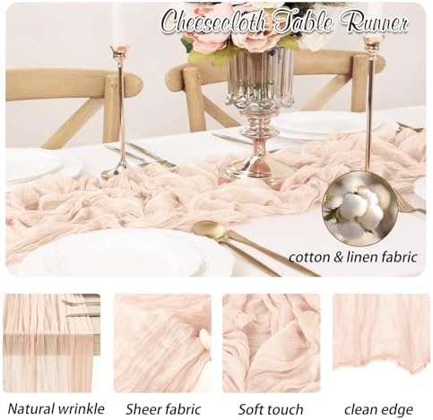 Blush Pink Cheesecloth Table Runner 6 Pack 35" Boho Gauze Tablecloth 120 inches Long Runner Rustic Sheer Fabric Bulk for Baby Shower Wedding Bridal Birthday Party Table Decorations