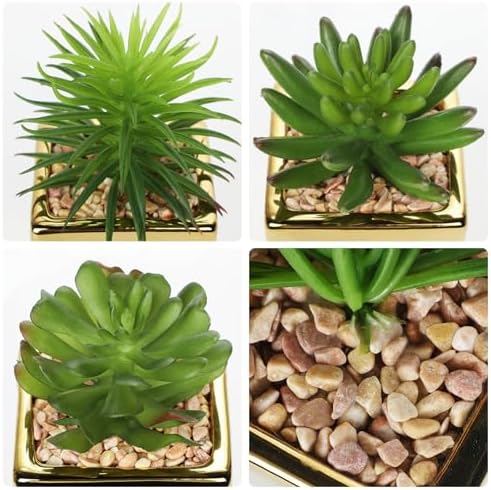 Hollyone Small Succulents Artificial 3 Pcs Faux Succulents with Gold Pots Mini Fake Succulent Plants Indoor Plant Ceramic Pots for Modern Office Desk Bathroom Shelf Living Room Home Decor