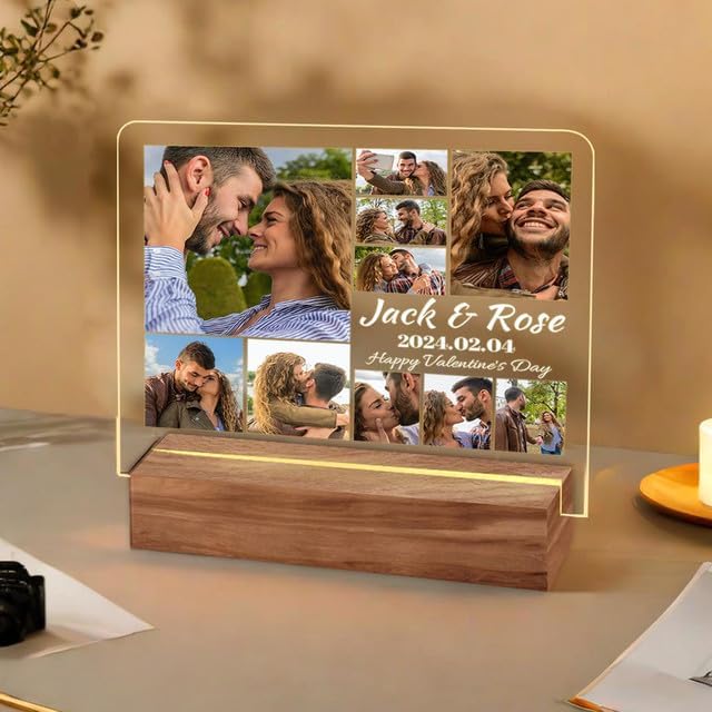 Personalized Photo Acrylic Happy Fathers Day Sign Plaque Gifts for Dad Papa Grandpa from Daughter Son Wife Customizable LED Night Light Wooden Base Lamps Desk Bedroom Decor Signs
