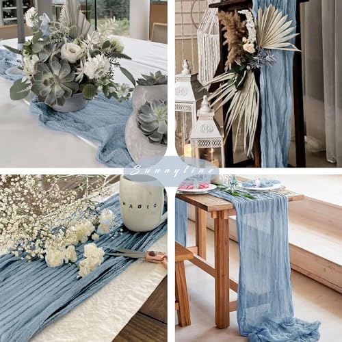 12 Pcs Dusty Blue Cheesecloth Table Runner 10FT Runner for Tables 35 x 120 Inches Long Gauze Boho Fabric Table Runner Decoration Rustic Sheer Runner for Wedding Birthday Baby Shower Party (Dusty Blue)