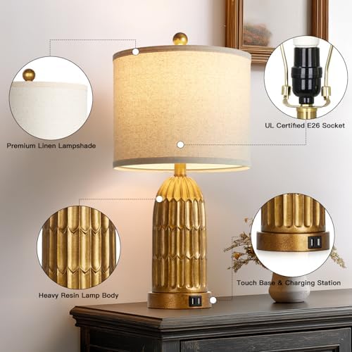 Cinkeda Table Lamps for Bedroom Set of 2, Farmhouse 3-Way Dimmable Touch Nightstand Lamp with 2 USB Charging Ports, Vintage Rustic Traditional Bedside Lamp for Living Room End Table