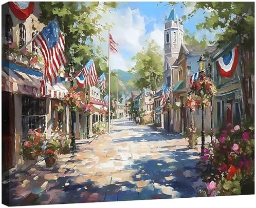 Rustic Patriotic Main Street Wall Art, 4th of July American Town Canvas Prints, Vintage Flag Street Decor for Home, Living Room, Kitchen, Framed Artwork for Bar, Made in USA