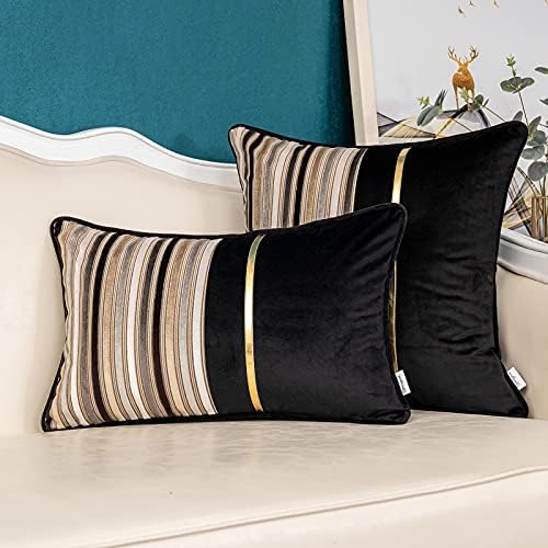 Yangest Black Striped Patchwork Throw Pillow Cover Gold Leather Cushion Cover Zippered Pillowcase for Sofa Couch Bedroom Living Room Home Decoration,20x20 Inch