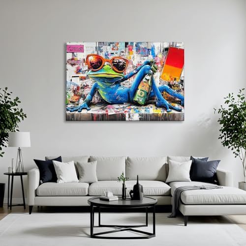Frog Canvas Art Graffiti Picture Wall Decor Framed Funny Frog with Glasses Painting Modern Pop Prints for Living Room Bedroom Game Room Ready to Hang - 16.00"x24.00"