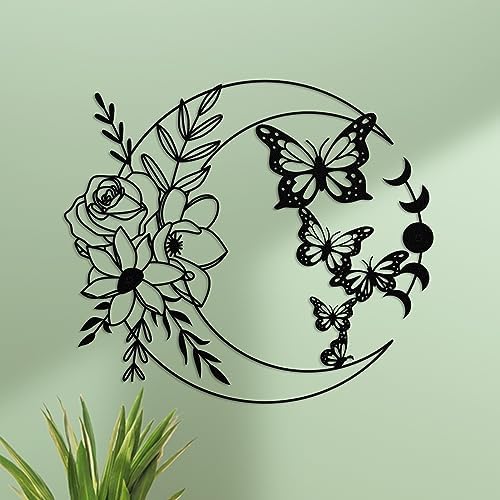 ruelen Moon Butterfly Metal Wall Decor Boho Wall Art Floral Wall Hanging | Home for Indoor Living Room Bedroom Bathroom Outdoor Garden Yard Fence Farmhouse Decoration (Moon Butterflies)