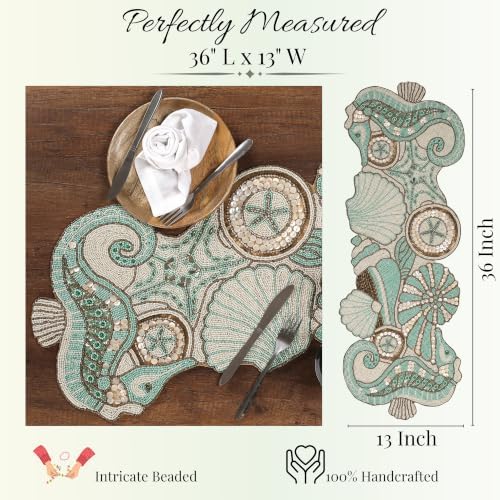 Beaded Table Runner 13x36 Coastal Sea Shell Premium Glass Beads & Polyester Ideal for Wedding Home Décor Christmas & Family Gathering (Multi) - ALPHA Living HOME