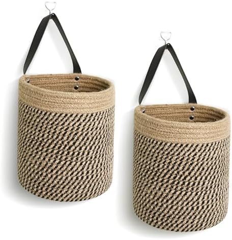 Hanging Basket 2 Pack, Small Wicker Wall Baskets for Organizing, Woven Boho Wall Hanging Decor, Indoor Plant Holder, Cotton Rope Door Organizer, Shelf Storage Bin, 7"D x 8"H (Black Stripes)