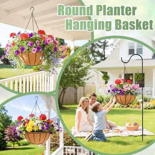 2 Pack 12 Inch Hanging Baskets for Plants Outdoor Metal Hanging Planters Round Hanging Flower Pots with Coco Coir Liner Plant Holder for Outdoor Patio Garden Balcony Decor - Watermelon