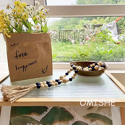 OMISHE Wood Bead Garland with Tassels 61 Inches, Decorative Beads Decor, Boho Farmhouse Wooden Beads Garland for Home Tiered Tray Decor, Navy Blue