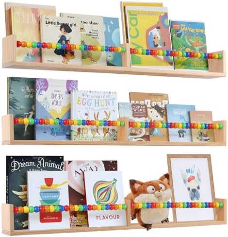 birola Nursery Book Shelves Set of 3,Wood Floating Book Shelves for Wall,Wall Book Shelf for Kids，Bathroom Decor, Kitchen Spice Rack (Five-Color Beads)