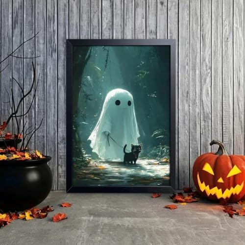 Framed Cute Ghost and Black Cat Wall Art, Whimsical Halloween Canvas Poster Print Picture, Spooky Cute Ghost Painting Aesthetic Wall Decor for Bedroom Living Room Bathroom Home Decoration 12x16 Inch
