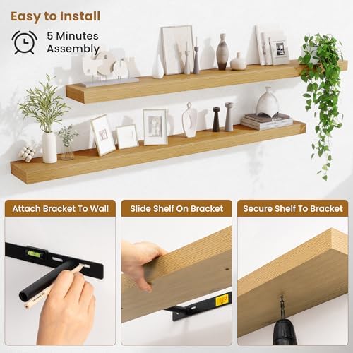 Fun Memories 67 Inch Fireplace Mantel Set of 2, Long Floating Shelf for Bedroom|Living Room, Wall Mounted Farmhouse Display with Invisible Heavy Duty Metal Bracket, Oak