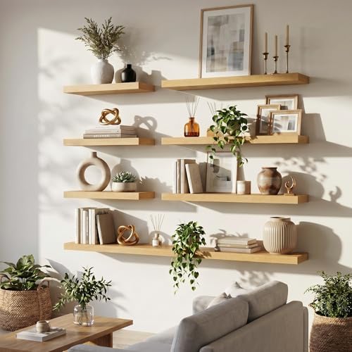 FLYJOE 32 Inch Floating Shelves for Wall Set of 2, 6.5" D Wood Grain Bathroom Shelves with Invisible Brackets, Easy Install Engineered Wood Storage Shelves for Kitchen, Living Room, Bedroom