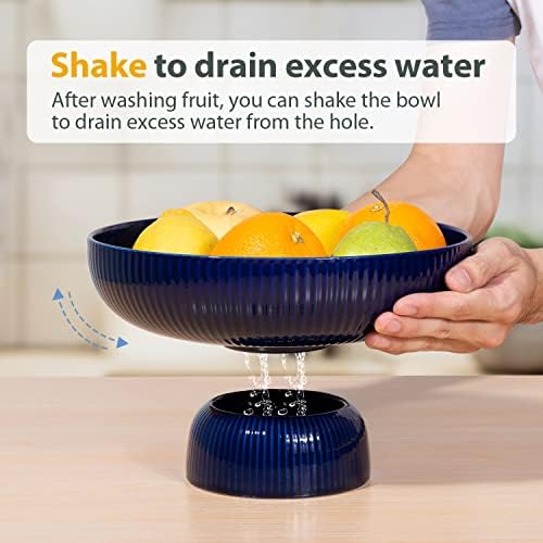 Ceramic Fruit Bowl for Kitchen Counter, Large Fruit Basket with Hole, Navy
