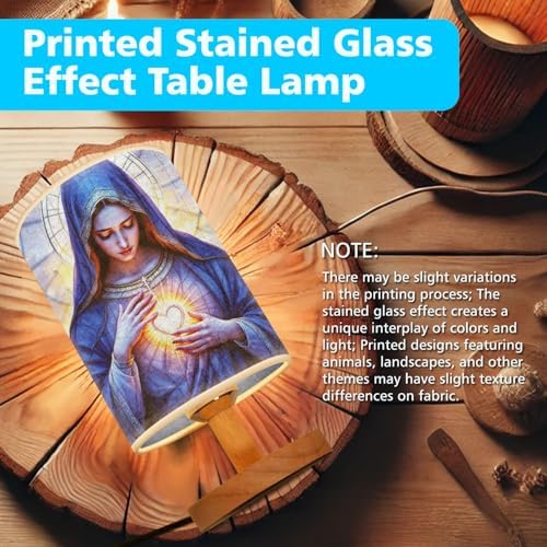 Our Lady of Sorrows Table Lamp LED 3-Color Pressed Bedside, Our Lady of Sorrows Shade Lamp with Wood Base for Bedroom Living Room Desk Office TL01