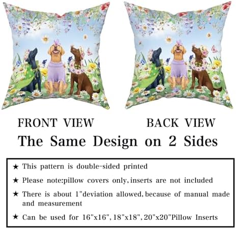 Giwawa 2PCs Spring Dogs Throw Pillow Covers, 18"x18" Colorful Wildflowers Funny Puppy Decorative Square Pillow Cases, Watercolor Floral Animal Cotton Cushion Covers Sofa Porch Bedding Decor