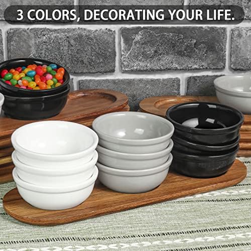 Artena 12 oz Solid Ceramic Chip and Dip Serving Set with Acacia Wooden Tray, 5-inch Grey Dipping Bowls, Small Serving Bowls for Side Dishes, Salsa, Appetizer, Serving Dishes for Entertaining