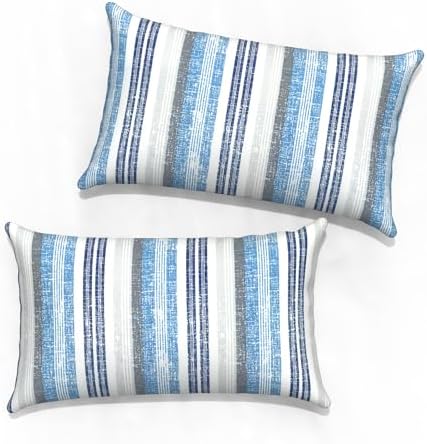 Outdoor Lumbar Pillow Covers 12”x20”, Rectangle Throw Pillow Covers for Patio Furniture, Decorative Lumbar Cushion Case for Garden Balcony Couch Office Chair, Pack of 2, Stripe Layered Blue