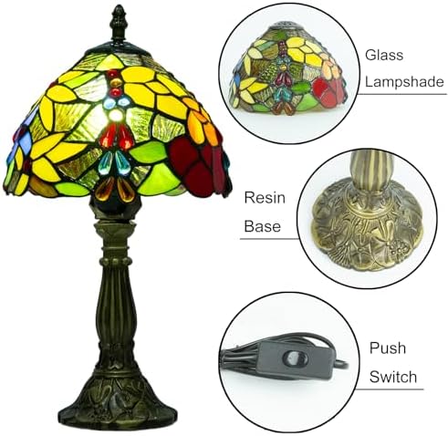Small Tiffany Table Lamp, 3 Color Temperature, 8 Inch Antique Stained Glass Lamp for Bedroom Living Room Home, Handcrafted Light, Included Bulb (I Flower Bead)