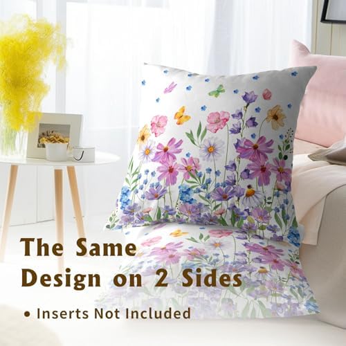 Watercolor Floral Pillow Covers 24x24 Inches Set of 2 Spring Summer Wildflower Butterfly Cotton Cushion Covers for Home Home Sofa Couch
