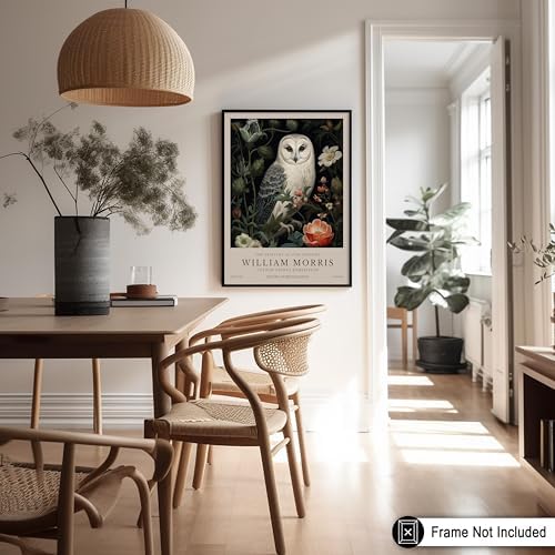 Monem Art Studio Owl and Flowers Print - William Morris Poster - Botanical Exhibition Art - Farmhouse Wall Design - Floral Aesthetic Art - Living Room or Bedroom Decor - 8x10 UNFRAMED Wall Art