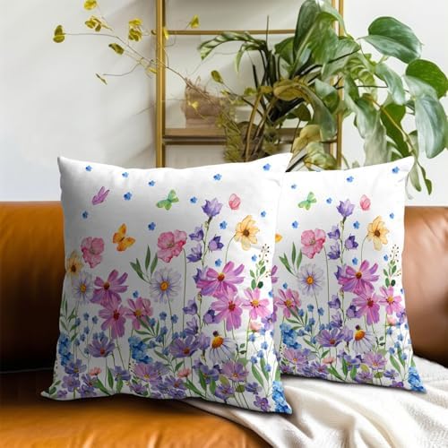 Watercolor Floral Pillow Covers 24x24 Inches Set of 2 Spring Summer Wildflower Butterfly Cotton Cushion Covers for Home Home Sofa Couch