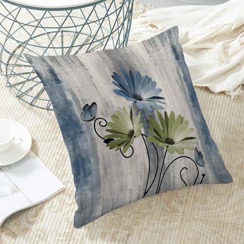 Sage Green Blue Floral Pillow Covers 18 x 18 Inch Set of 2 Daisy Floral Butterfly Decorative Throw Pillow Covers Linen Rustic Farmhouse Cushion Cases for Home Sofa Couch Living Room Decor