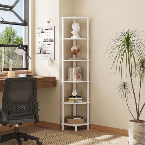 VIMBER Corner Shelf, 6-Tier Corner Bookshelf, Industrial Corner Ladder Shelf, DIY Storage Shelves, Modern Display Shelf for Living Room, Bedroom, Kitchen, Home Office, White UJSJ004W