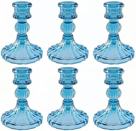 Bule Glass Candlestick Holders, Taper Candle Holders, Set of 6
