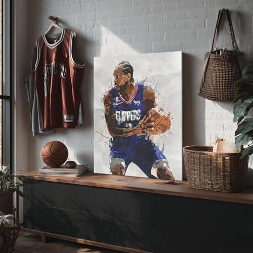 Kawhi Leonard Basketball Canvas Wall Art, Sports Player Poster, 24x30 Inch | Abstract splash ink athletic artwork, motivational sports wall decor for teen boys room, bedroom, living room, gym or office