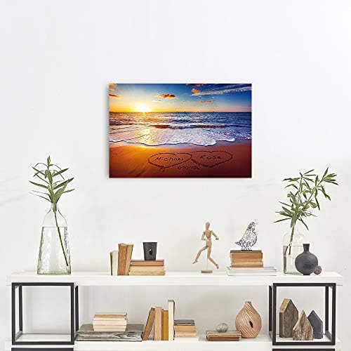 Love on Beach Heart in Heart Personalized Canvas Prints Artwork with Couple's Names and Date on,Perfect Love Gift for Anniversary,Wedding,Birthday and Holidays. 30x20 inches