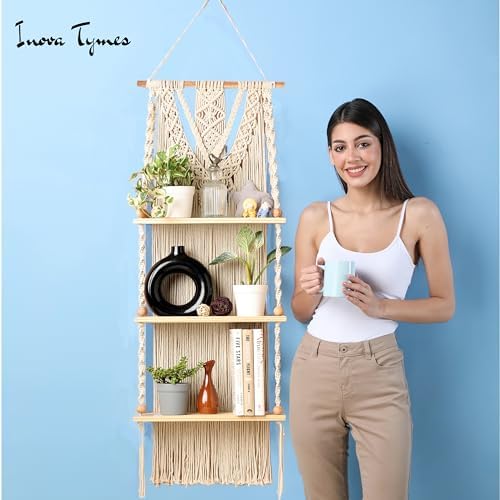 Macrame Wall Hanging Shelf 3 Tier - Boho Bedroom Decor | Macrame Wall Decor | Boho Shelf Decor, Hanging Shelves for Wall, Woven Rope Floating Wood Shelves & Storage for Small Plants