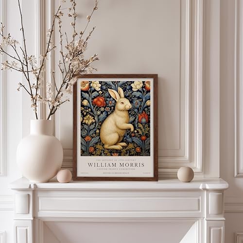 Poster Master William Morris Poster - White Rabbit Print - Flower Art - Animal Artwork - Floral Design - Bunny Illustration - Great Office or Bedroom Decor - 11x14 Brown Framed