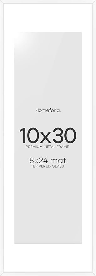 Homeforia 10x30 White Picture Frame, High-End Metal, 8x24 Mat, Glass