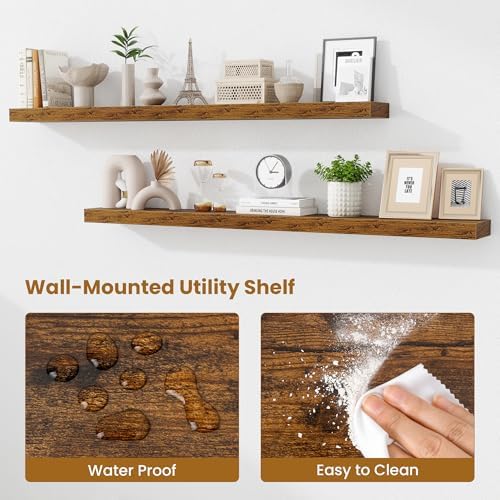 Fun Memories 72 Inch Fireplace Mantel Set of 2, Long Floating Shelf for Bedroom|Living Room, Wall Mounted Farmhouse Display with Invisible Heavy Duty Metal Bracket, Rustic Brown