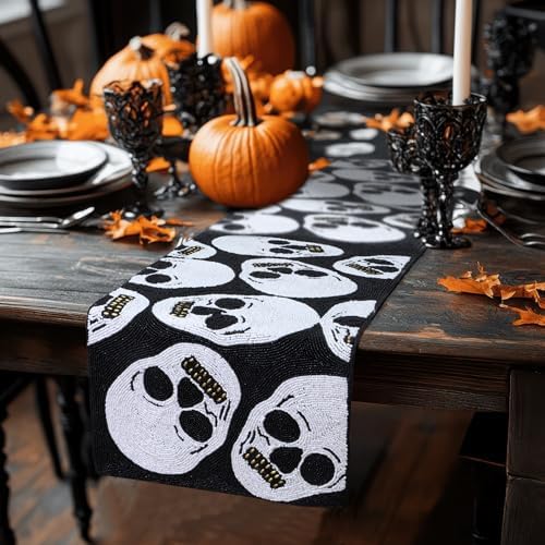 COTTON CRAFT Halloween Beaded Table Runner - Black White Skulls 13x36 inch