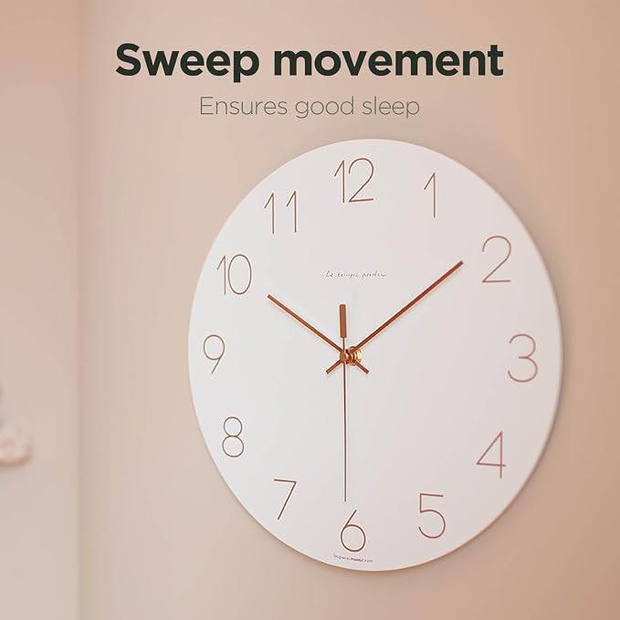 mooas Flatwood Wall Clock (Rose Gold),12" Non-Ticking Sweep Movement | Decorative Battery Operated Wall Clock for Home Living Room Kitchen Bedroom Office School