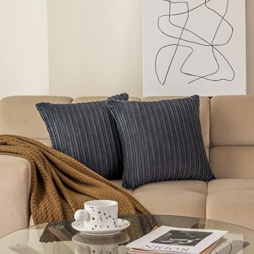 Kevin Textile Striped Corduroy 24”x24” Pillow Covers 2 Pack, Dark Grey