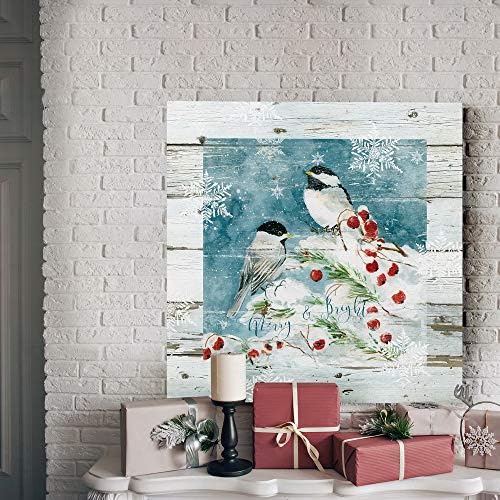 Renditions Gallery Christmas Abstract Wall Art Bright Merry Chickadees on White Snowed Cherry Trees Canvas Hanging Artwork Prints for Bedroom Office Home Kitchen - 40"X40" LT05