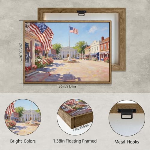 American Flag Framed Canvas Wall Art, 4th of July Patriotic Canvas Prints | USA Flag with Small Town Street Poster Print, Independence Day Wall Decor for Bedroom Living Room 24×36in