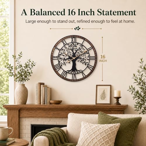 16 Inch Roman Numerals Tree Wall Clock for Living Room Decor,Wood Frame