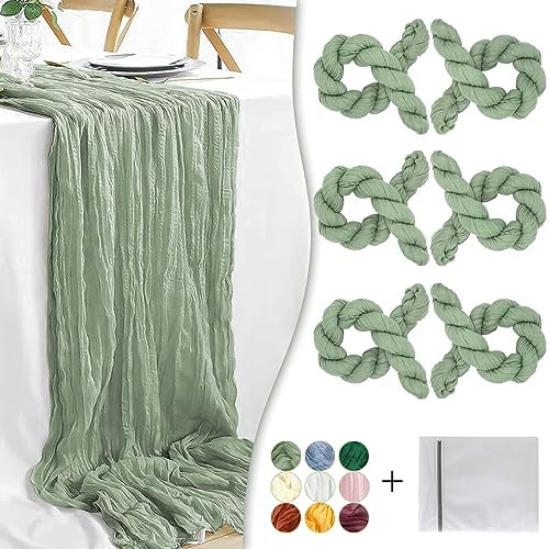 Sage Green Cheesecloth Table Runner, 6 Pack 35" Boho Gauze Runner 120 inches Long Sheer Rustic Table Runner Fabric Bulk for Baby Shower Wedding Bridal Birthday Party Table Decorations