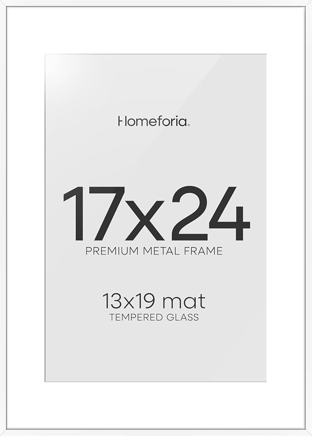 Homeforia 17x24 White Picture Frame, High-End Metal, 13x19 Mat, Glass