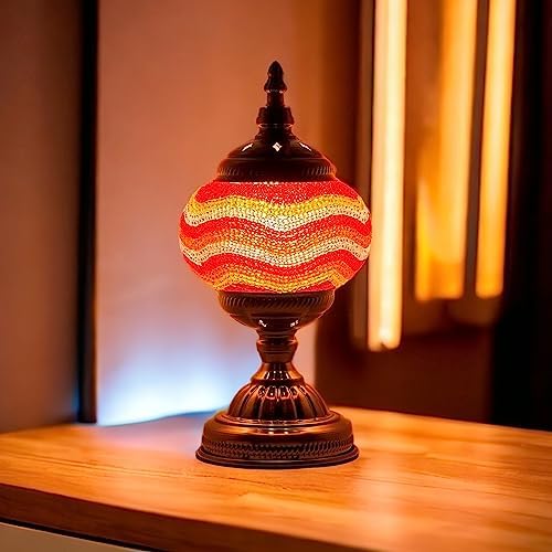 SILVERFEVER Handcrafted Mosaic Turkish Lamp Moroccan Glass Table Desk Bedside Light Bronze Base with E12 Bulb (Red Yellow Lines)