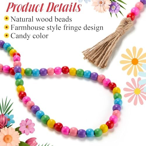 Equsion Rustic Wood Bead Garland with Tassel Farmhouse,Candy Colors