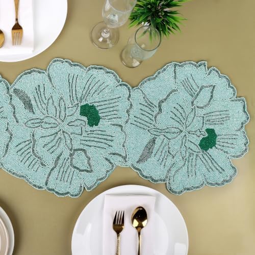 Beaded Table Runner 13x36 Inch, Handmade Decorative Dining Table Centerpiece with Premium Glass Beads & Polyester Back, Elegant Runner for Coffee, Console & Dresser Tables, Light Green